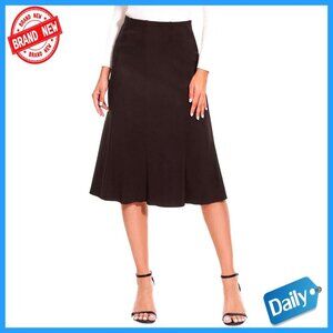 Knee Length Flared Skirt High Waist Elastic Office Casual Midi